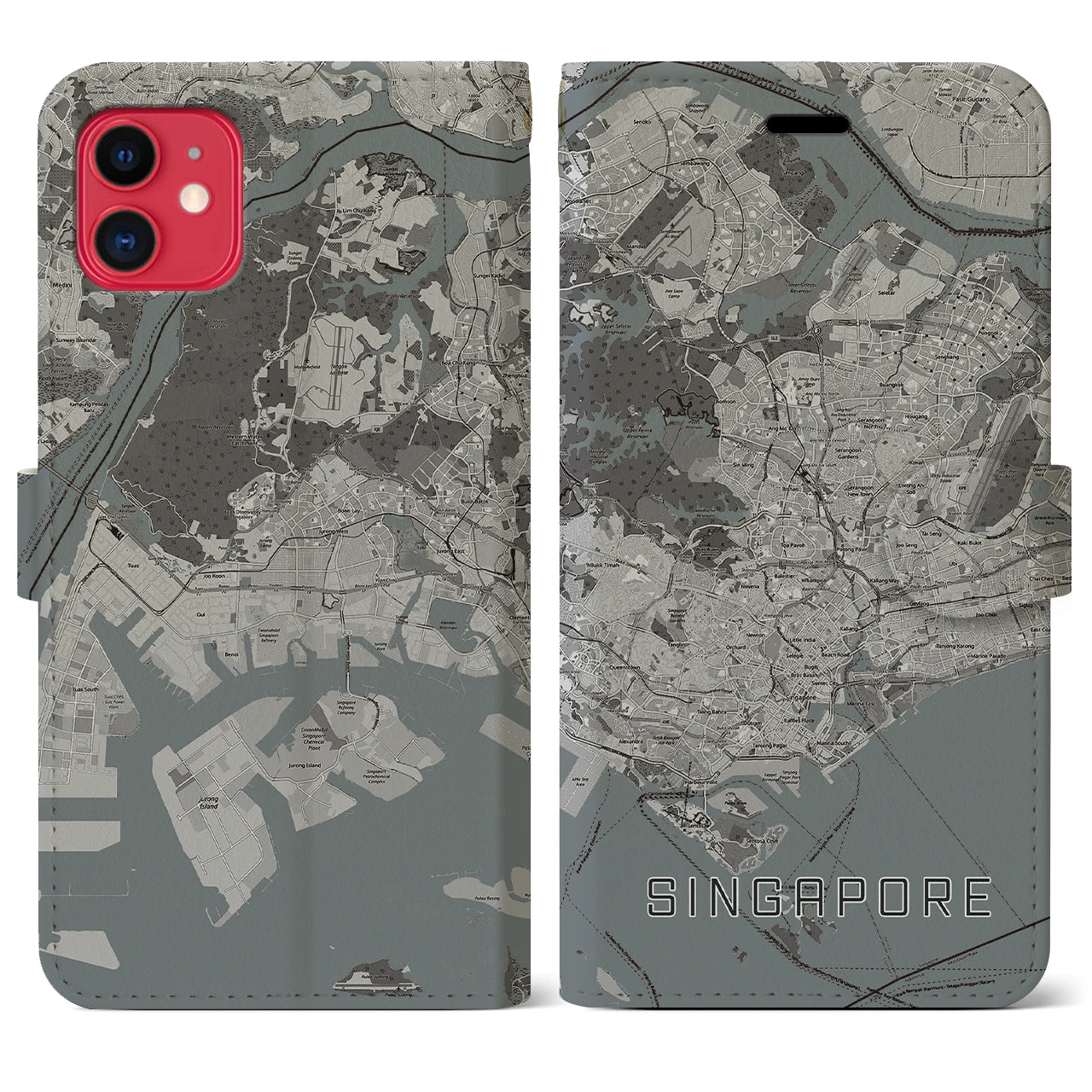 【シンガポール】地図柄iPhoneケース(手帳タイプ)モノトーン・iPhone 11 用