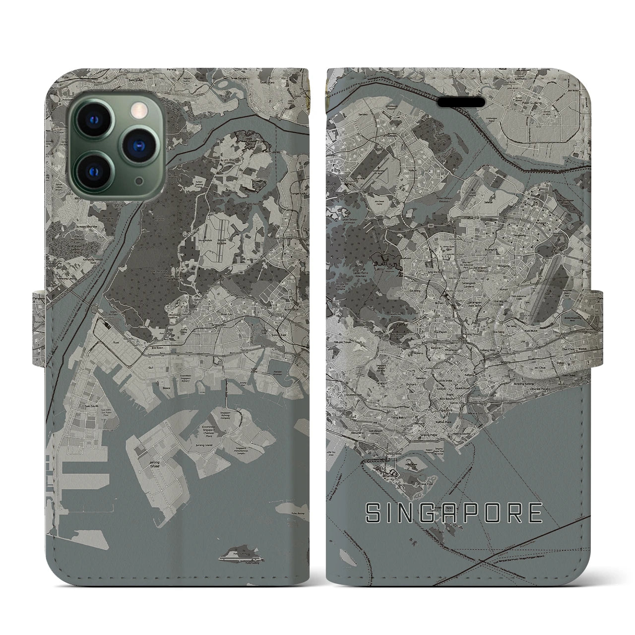 【シンガポール】地図柄iPhoneケース(手帳タイプ)モノトーン・iPhone 11 Pro 用