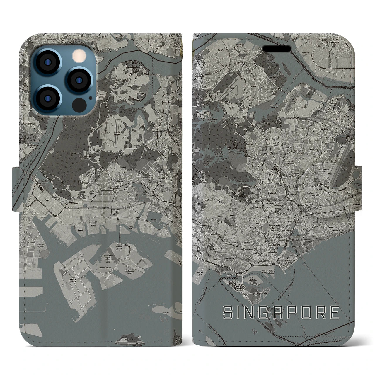 【シンガポール】地図柄iPhoneケース(手帳タイプ)モノトーン・iPhone 12 / 12 Pro 用