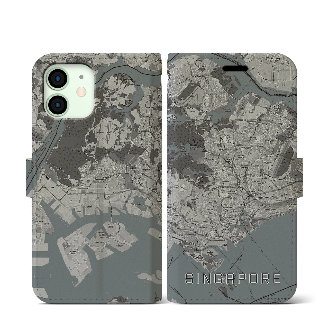 【シンガポール】地図柄iPhoneケース(手帳タイプ)モノトーン・iPhone 12 mini 用