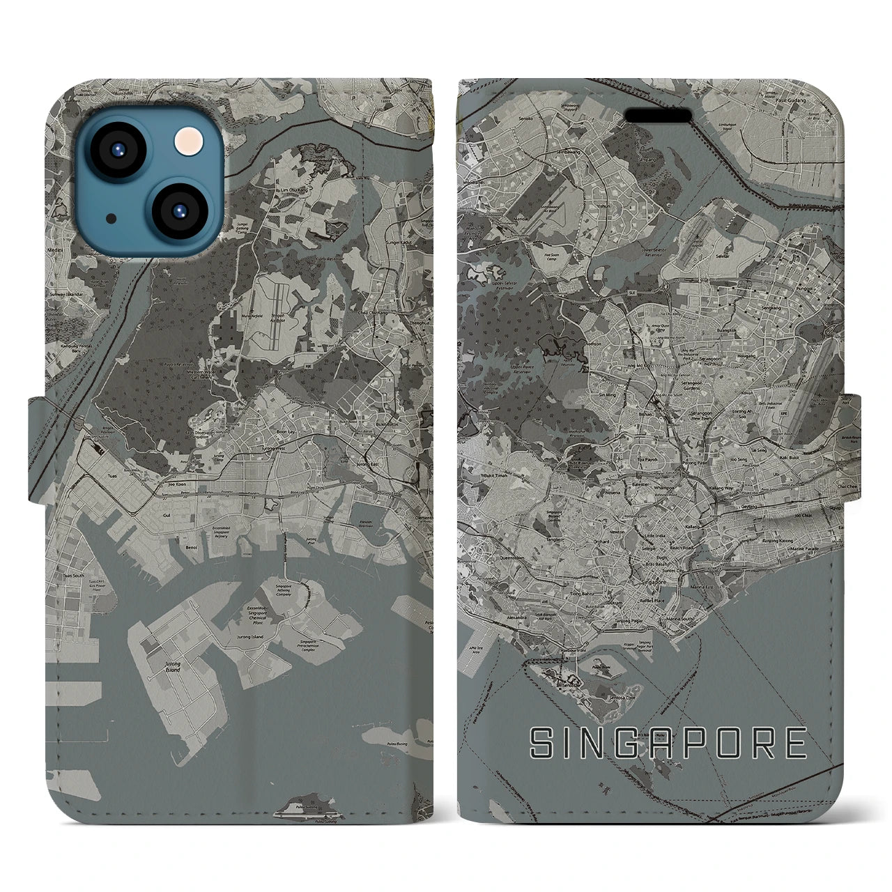 【シンガポール】地図柄iPhoneケース(手帳タイプ)モノトーン・iPhone 13 用