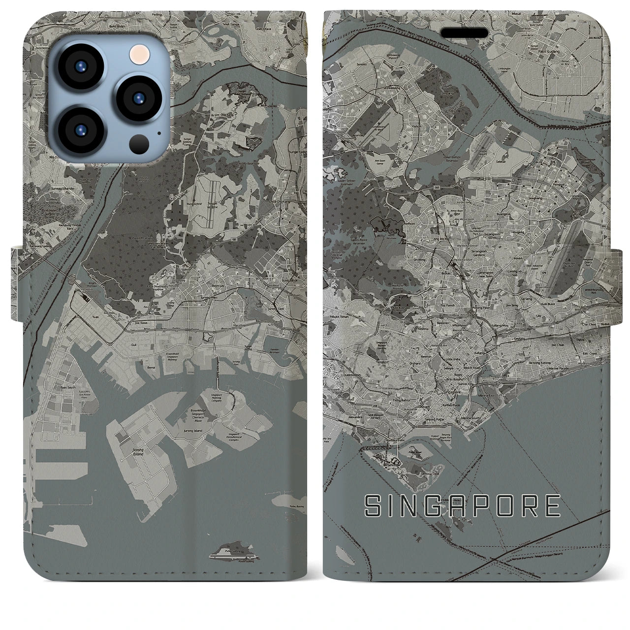 【シンガポール】地図柄iPhoneケース(手帳タイプ)モノトーン・iPhone 13 Pro Max 用