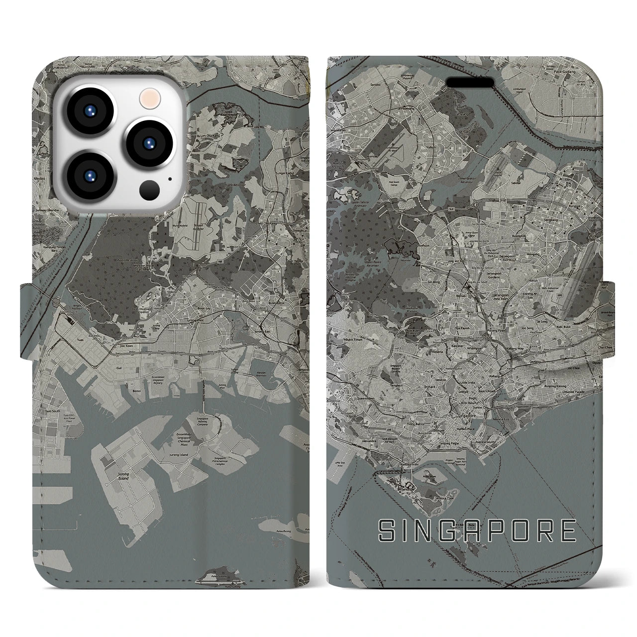 【シンガポール】地図柄iPhoneケース(手帳タイプ)モノトーン・iPhone 13 Pro 用