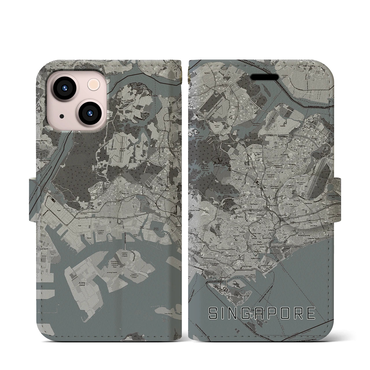 【シンガポール】地図柄iPhoneケース(手帳タイプ)モノトーン・iPhone 13 mini 用