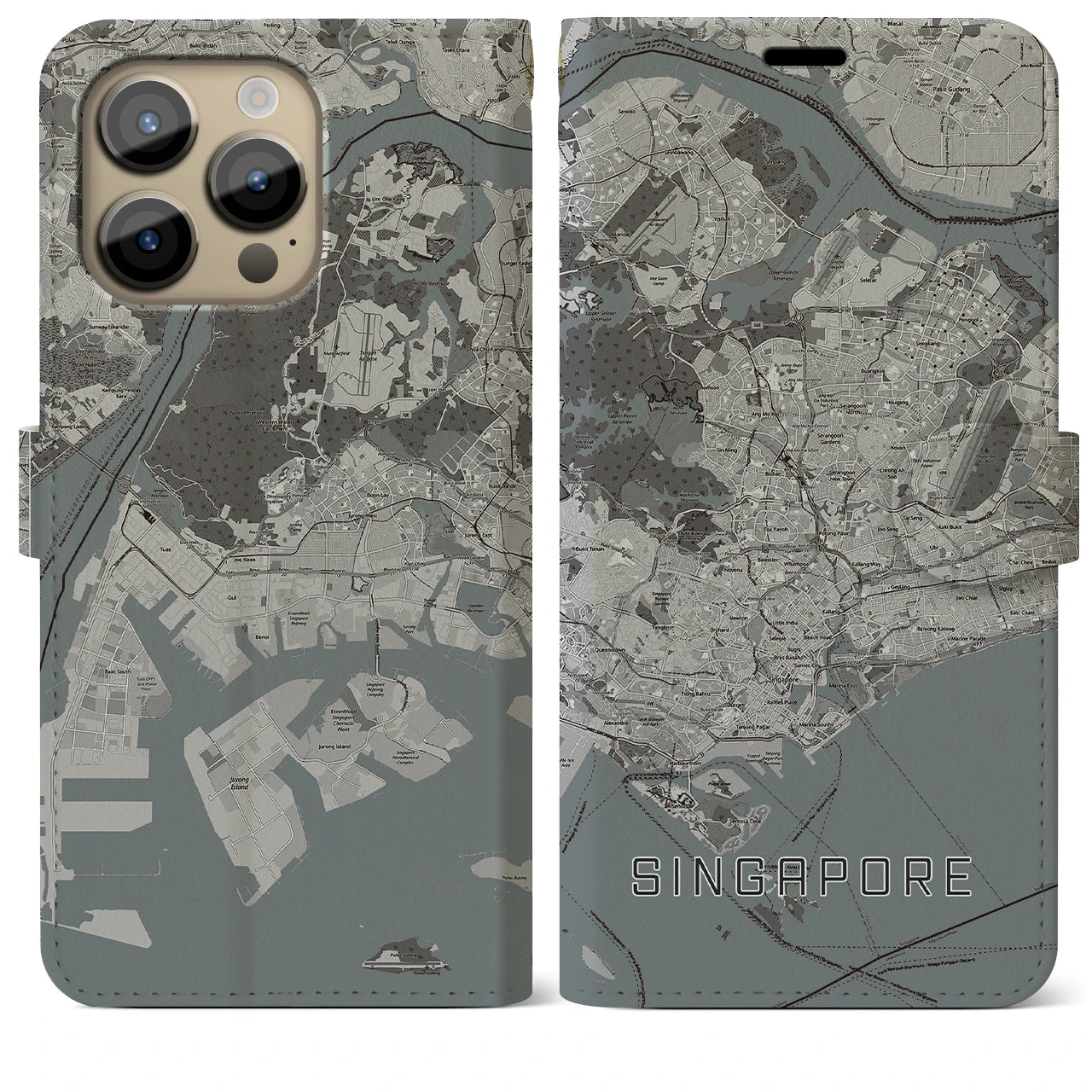 【シンガポール】地図柄iPhoneケース(手帳タイプ)モノトーン・iPhone 14 Pro Max 用