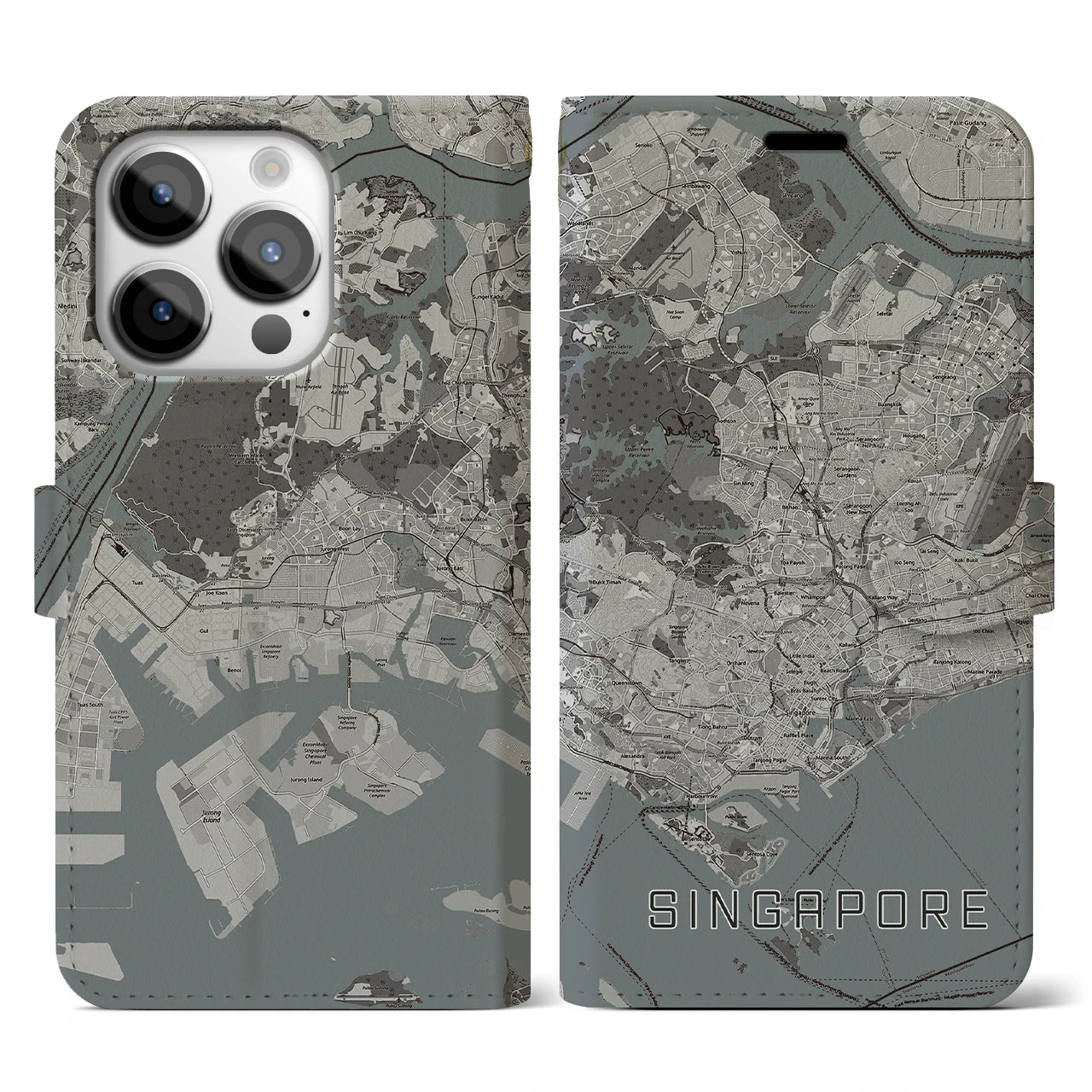 【シンガポール】地図柄iPhoneケース(手帳タイプ)モノトーン・iPhone 14 Pro 用