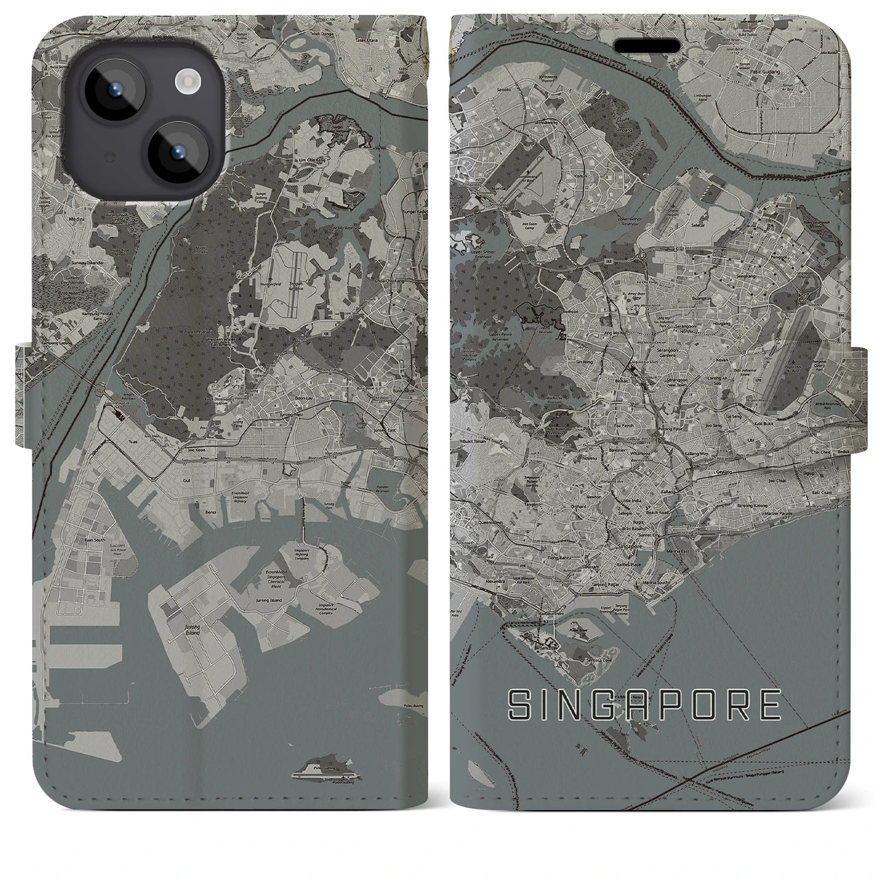 【シンガポール】地図柄iPhoneケース(手帳タイプ)モノトーン・iPhone 14 Plus 用
