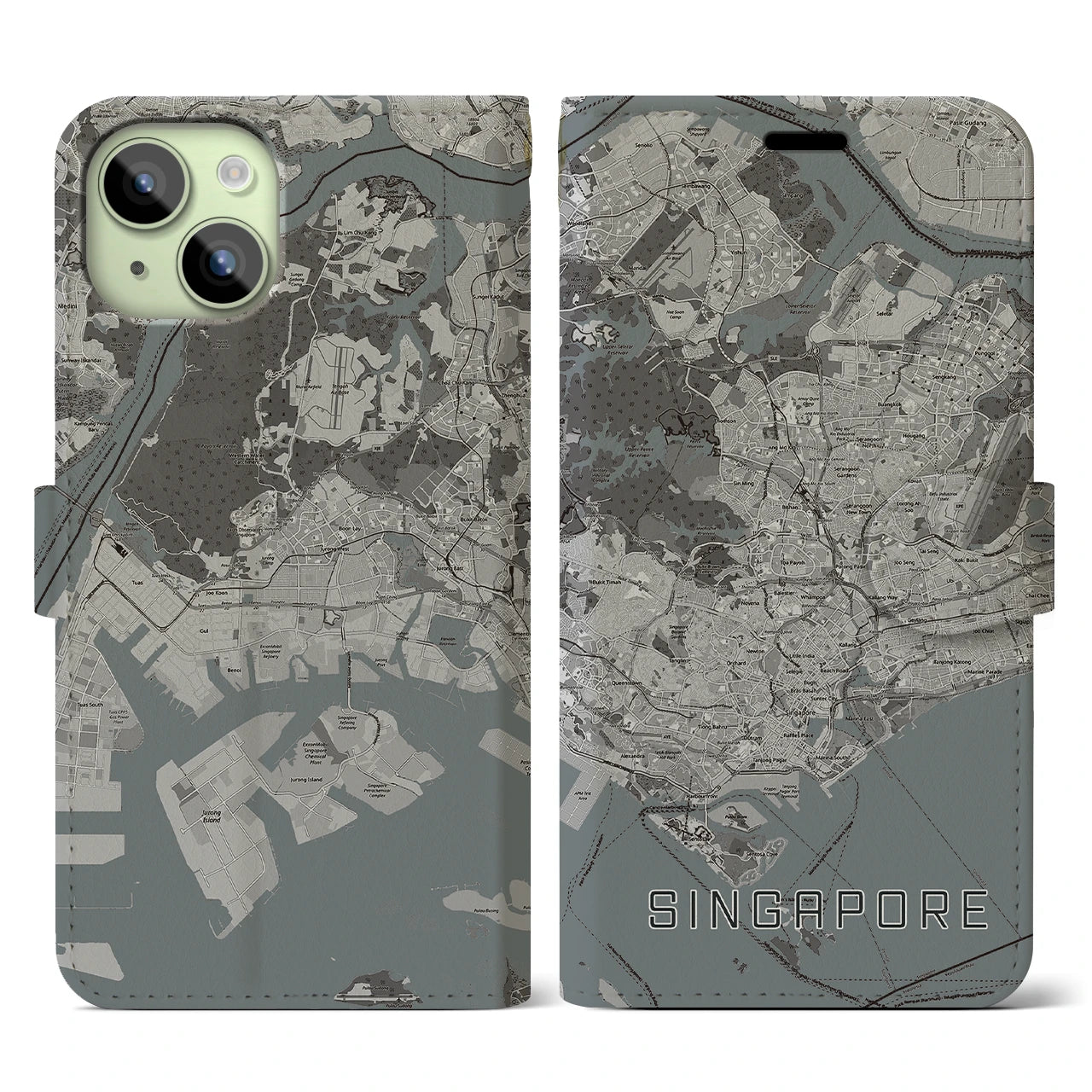 【シンガポール】地図柄iPhoneケース(手帳タイプ)モノトーン・iPhone 15 用