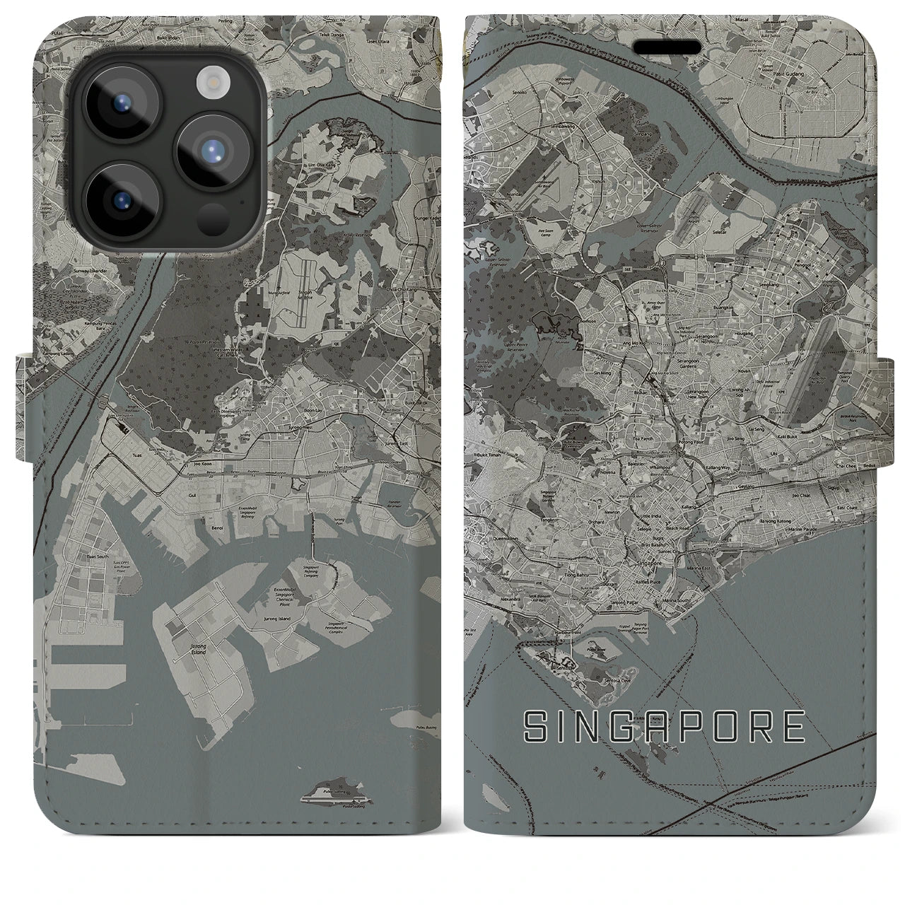 【シンガポール】地図柄iPhoneケース(手帳タイプ)モノトーン・iPhone 15 Pro Max 用