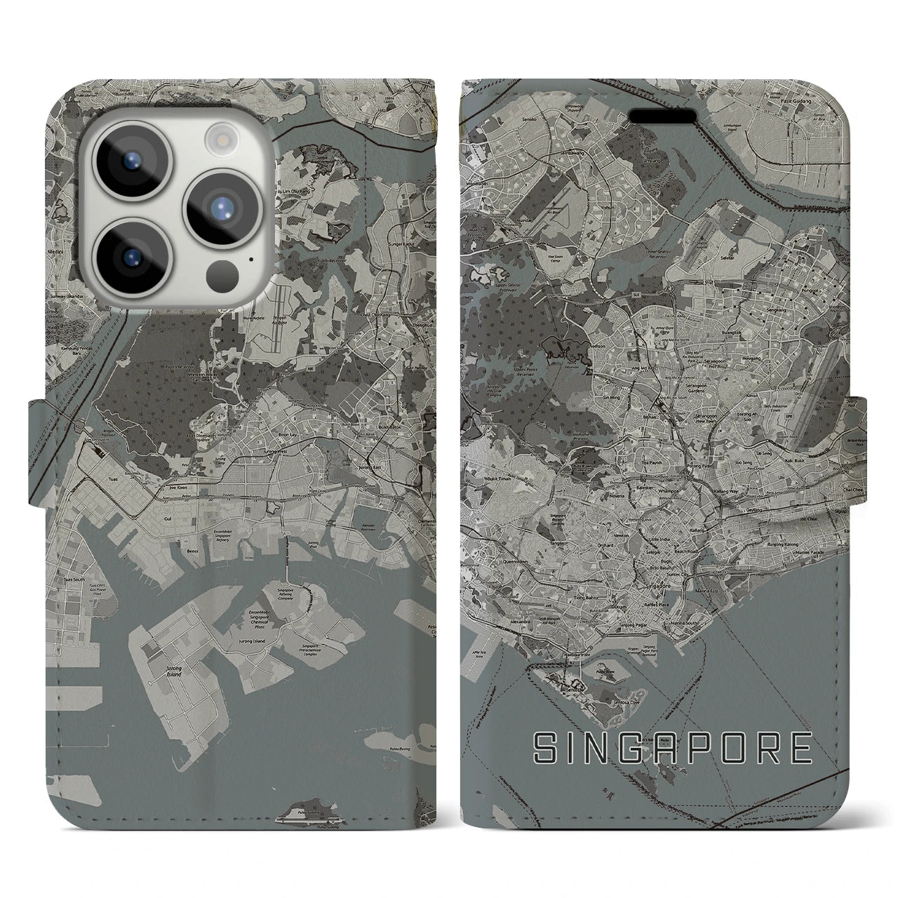 【シンガポール】地図柄iPhoneケース(手帳タイプ)モノトーン・iPhone 15 Pro 用
