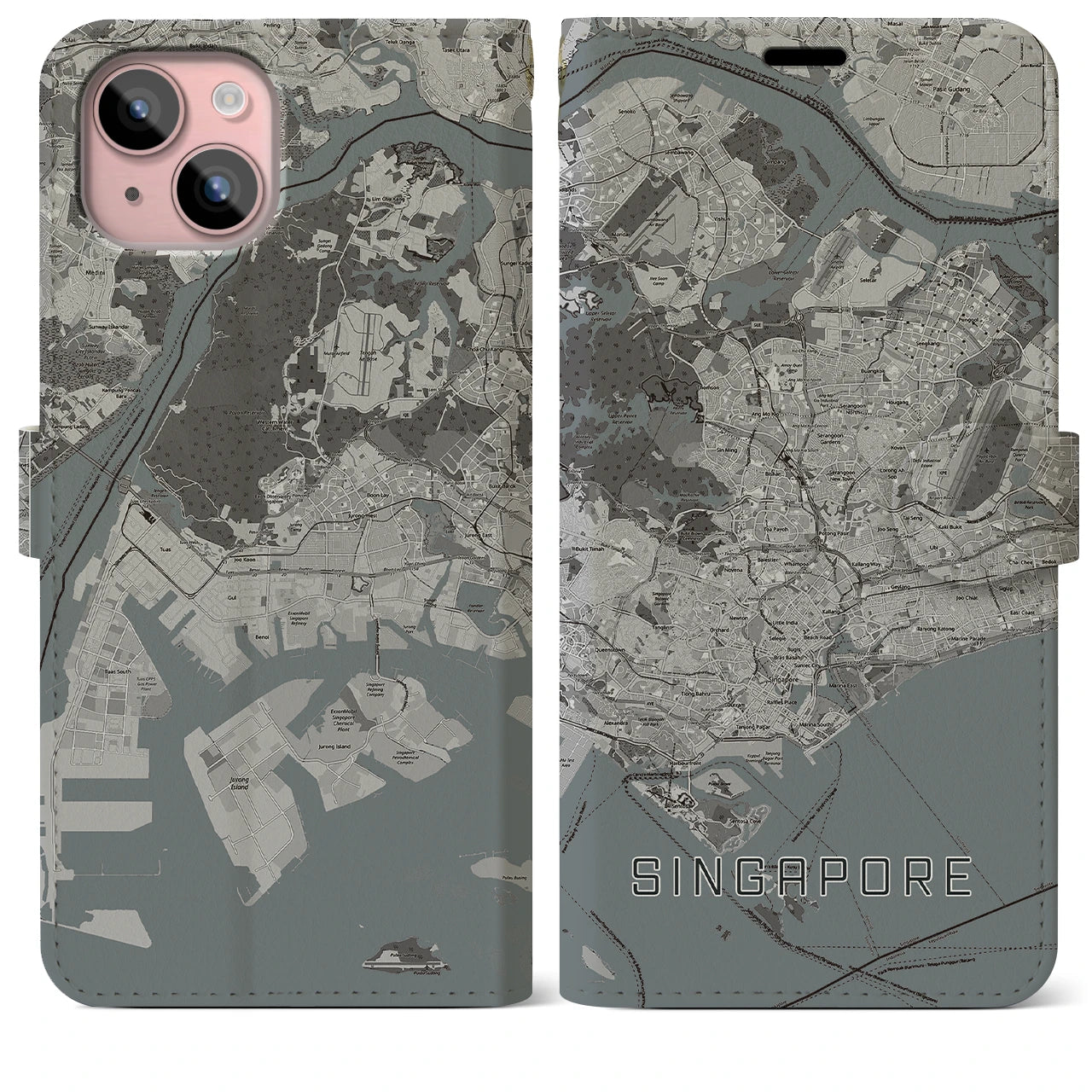 【シンガポール】地図柄iPhoneケース(手帳タイプ)モノトーン・iPhone 15 Plus 用