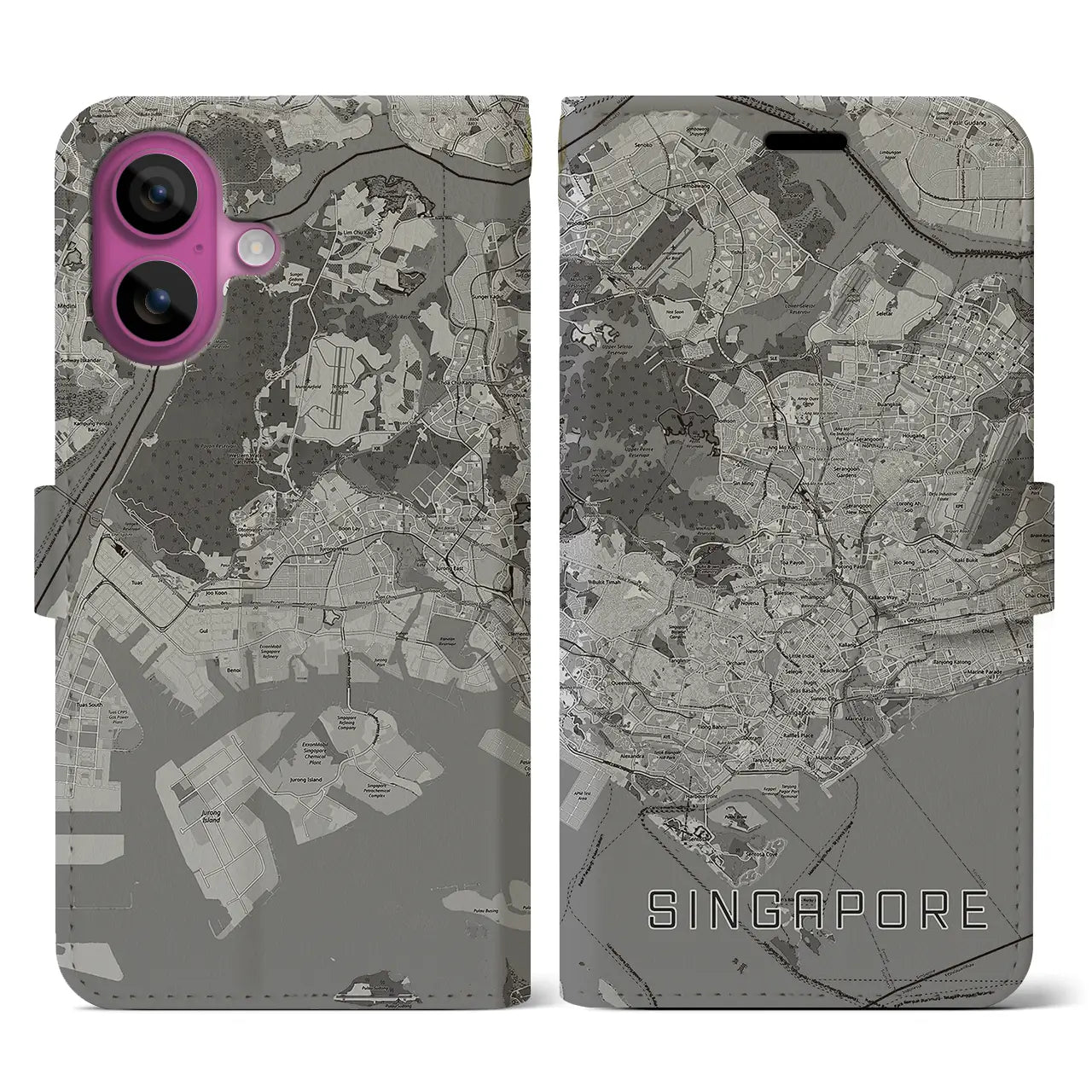 【シンガポール】地図柄iPhoneケース(手帳タイプ)モノトーン・iPhone 16 Pro 用