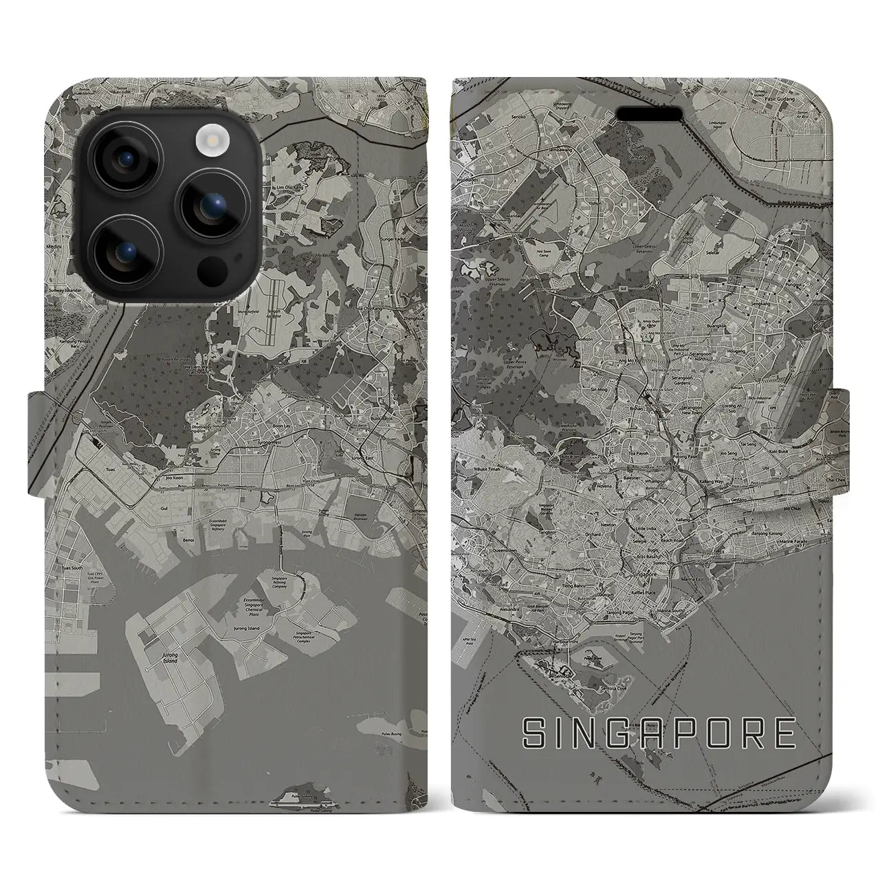 【シンガポール】地図柄iPhoneケース(手帳タイプ)モノトーン・iPhone 16 用