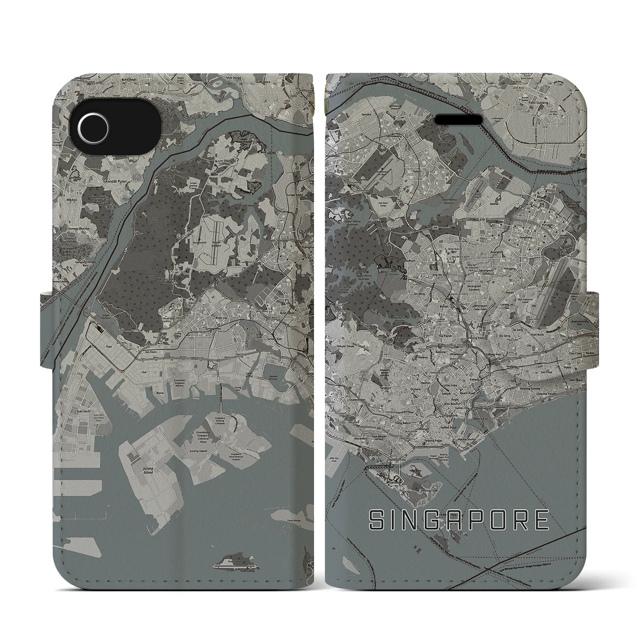 【シンガポール】地図柄iPhoneケース(手帳タイプ)モノトーン・iPhone SE(第3 / 第2世代) / 8 / 7 / 6s / 6 用
