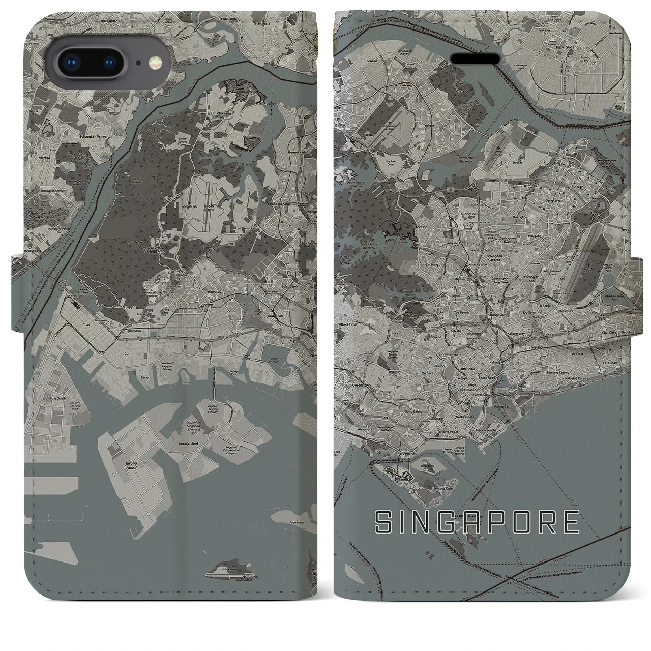 【シンガポール】地図柄iPhoneケース(手帳タイプ)モノトーン・iPhone 8Plus /7Plus / 6sPlus / 6Plus 用