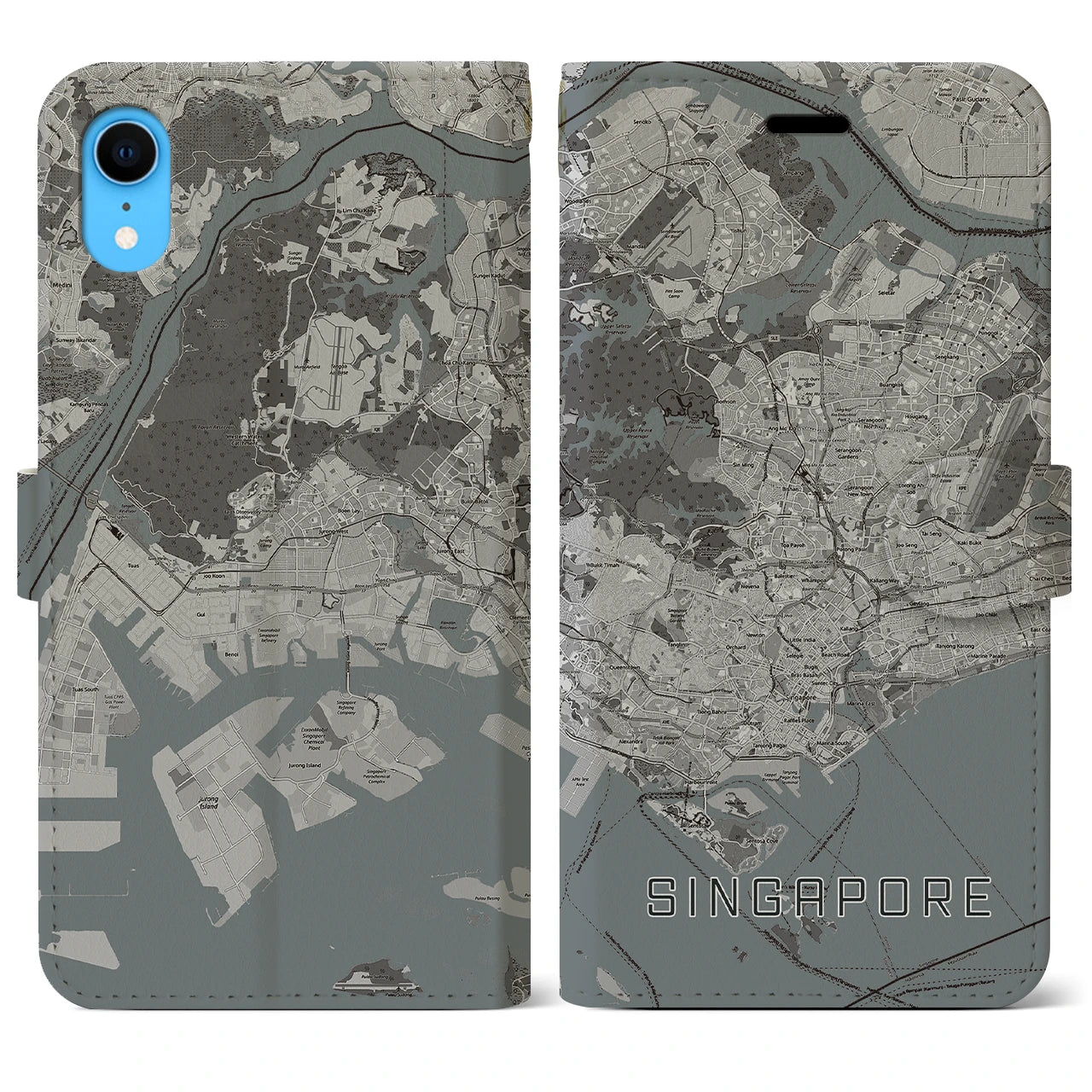 【シンガポール】地図柄iPhoneケース(手帳タイプ)モノトーン・iPhone XR 用