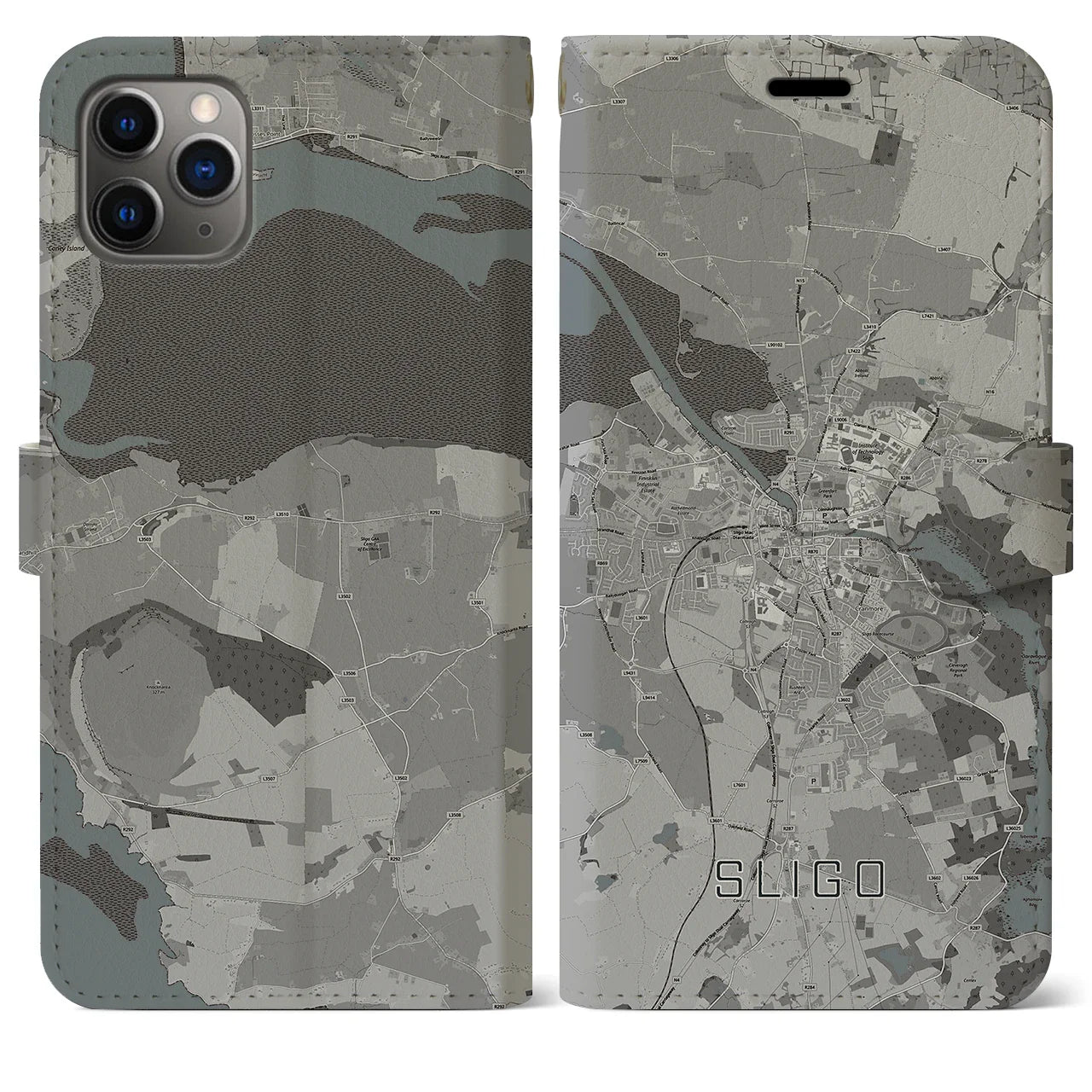 【スライゴ(アイルランド)】地図柄iPhoneケース(手帳タイプ)モノトーン・iPhone 11 Pro Max 用