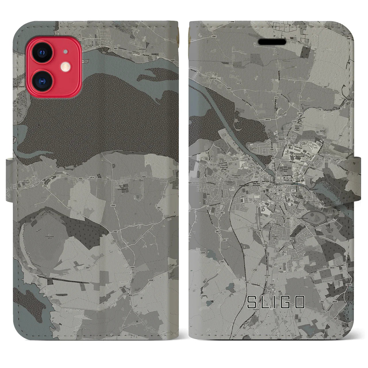 【スライゴ(アイルランド)】地図柄iPhoneケース(手帳タイプ)モノトーン・iPhone 11 用