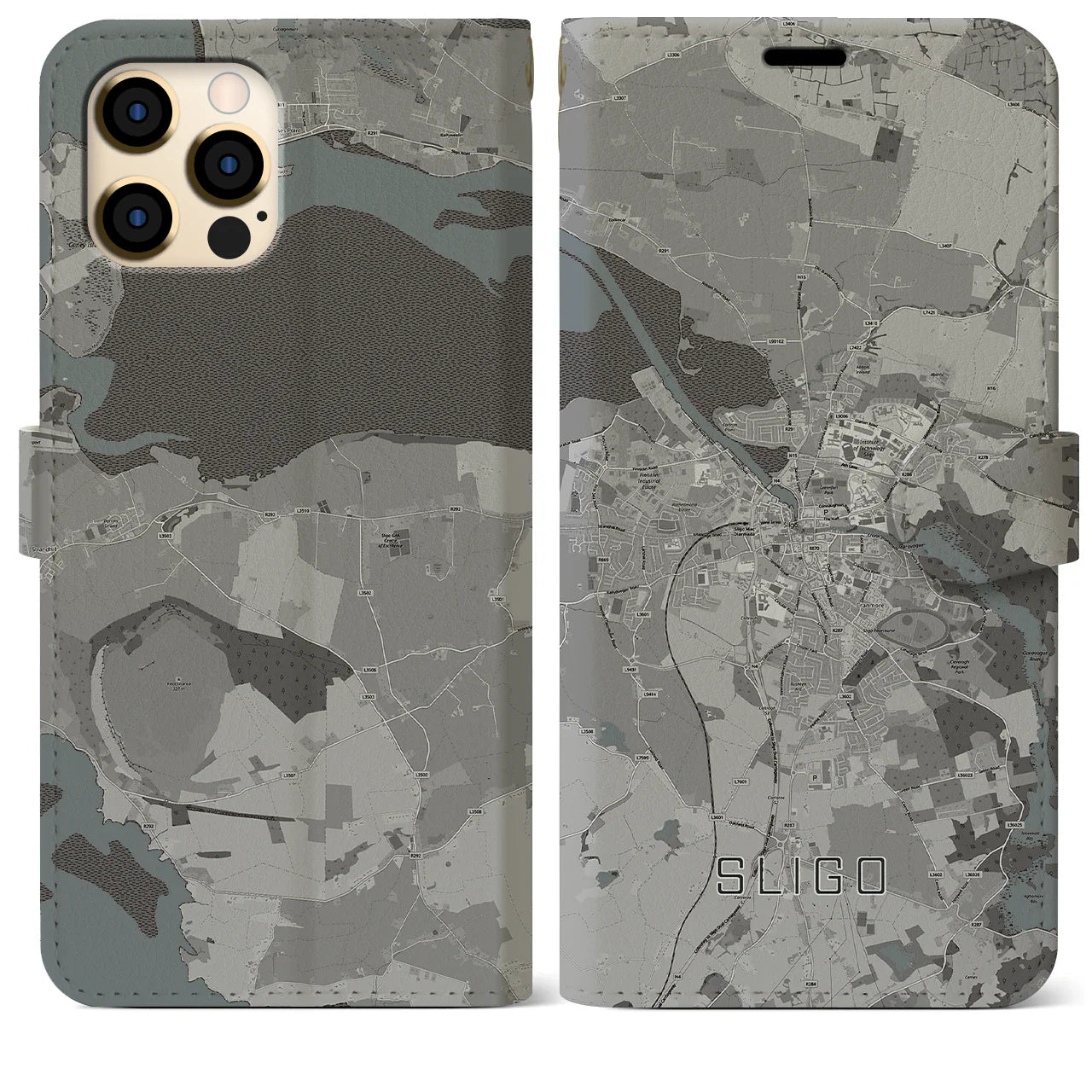 【スライゴ(アイルランド)】地図柄iPhoneケース(手帳タイプ)モノトーン・iPhone 12 Pro Max 用