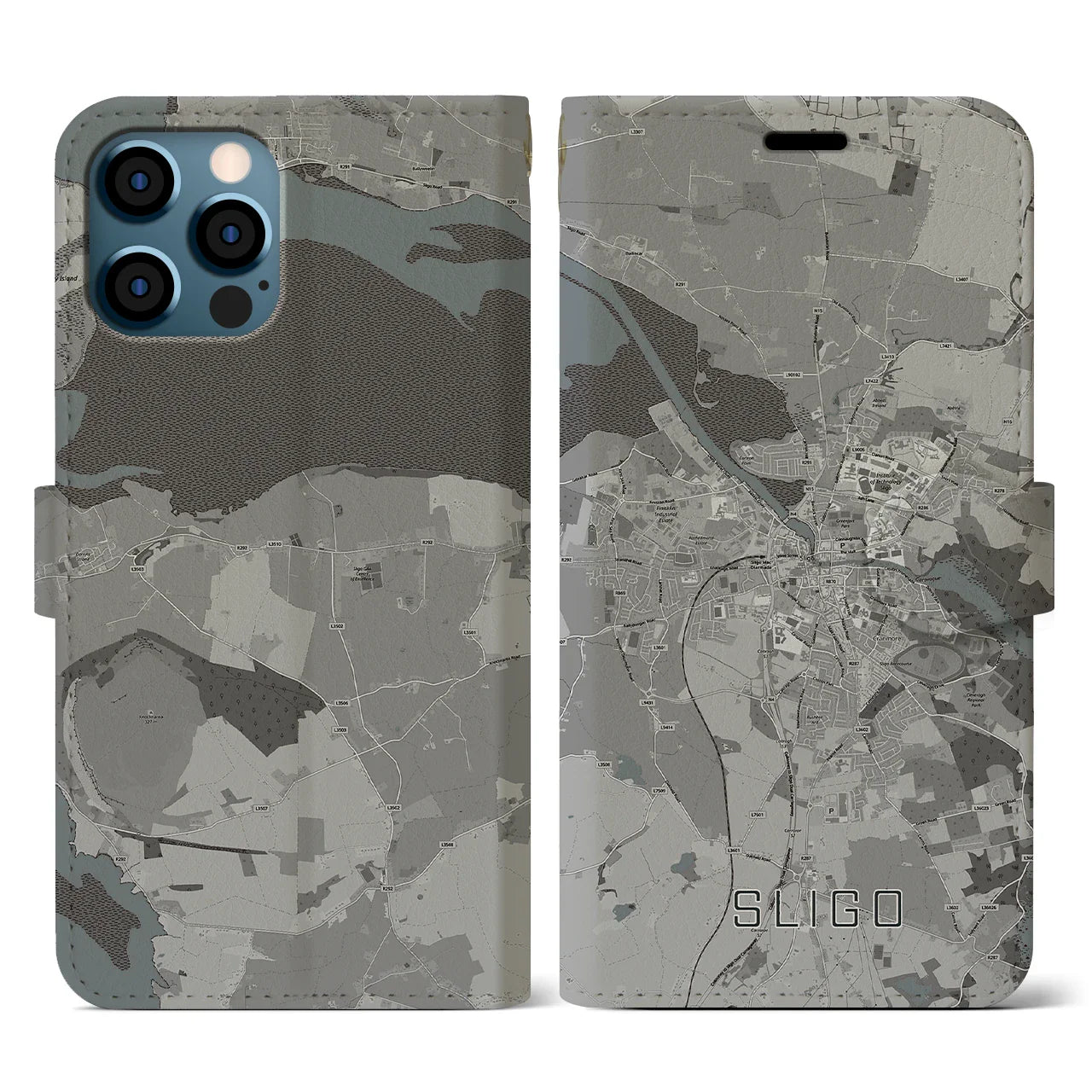 【スライゴ(アイルランド)】地図柄iPhoneケース(手帳タイプ)モノトーン・iPhone 12 / 12 Pro 用