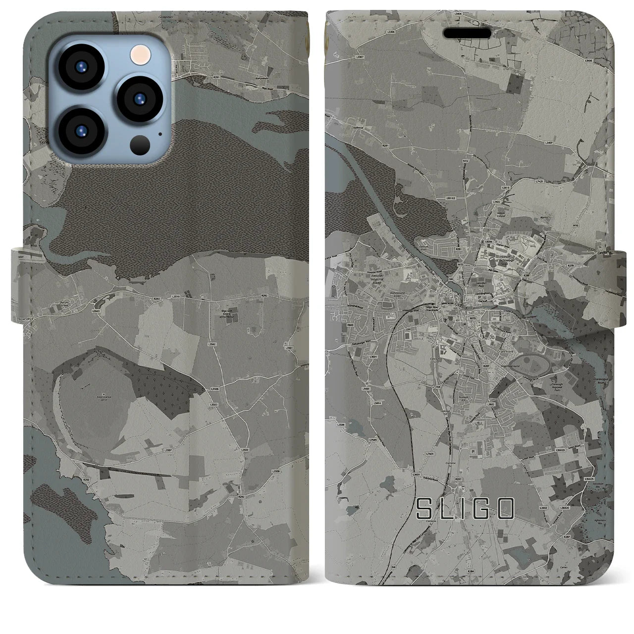 【スライゴ(アイルランド)】地図柄iPhoneケース(手帳タイプ)モノトーン・iPhone 13 Pro Max 用