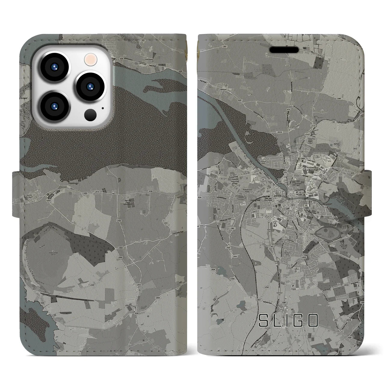 【スライゴ(アイルランド)】地図柄iPhoneケース(手帳タイプ)モノトーン・iPhone 13 Pro 用