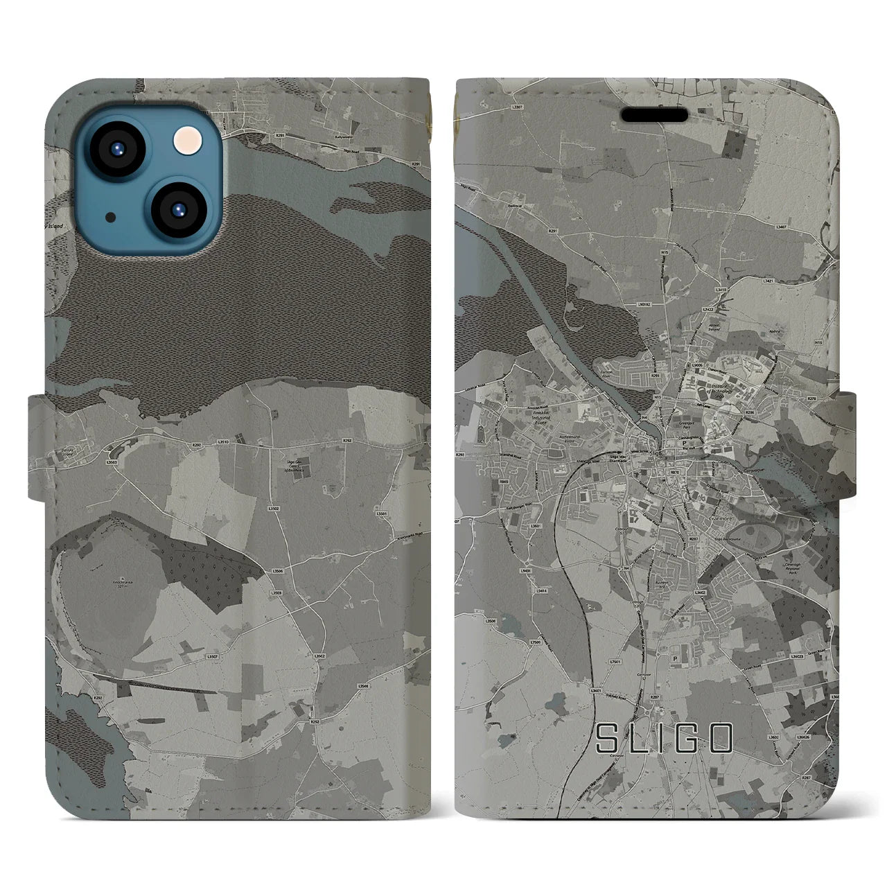 【スライゴ(アイルランド)】地図柄iPhoneケース(手帳タイプ)モノトーン・iPhone 13 用