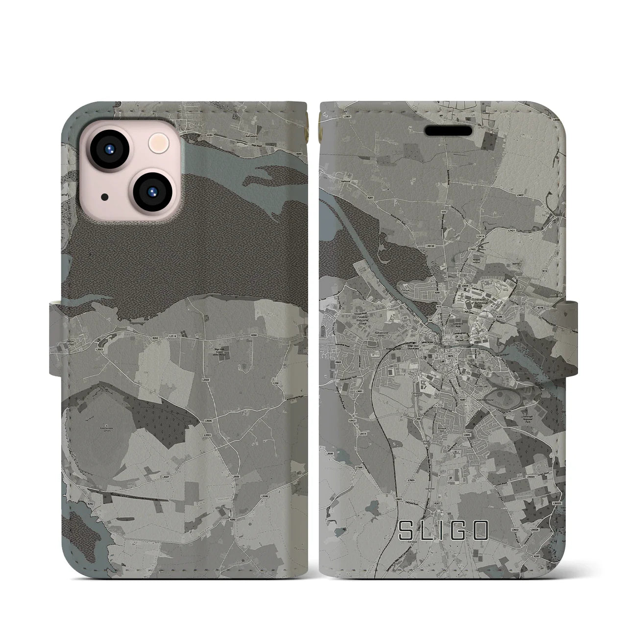 【スライゴ(アイルランド)】地図柄iPhoneケース(手帳タイプ)モノトーン・iPhone 13 mini 用