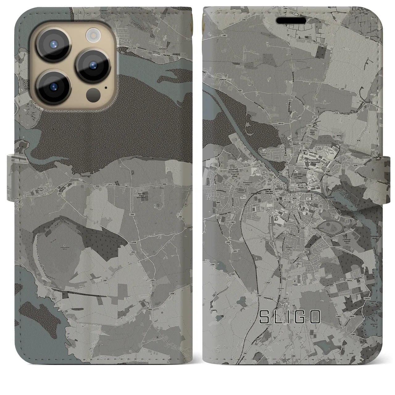 【スライゴ(アイルランド)】地図柄iPhoneケース(手帳タイプ)モノトーン・iPhone 14 Pro Max 用