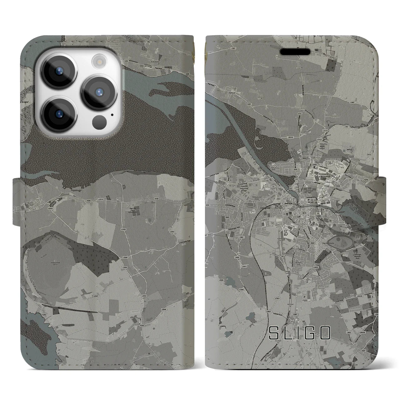 【スライゴ(アイルランド)】地図柄iPhoneケース(手帳タイプ)モノトーン・iPhone 14 Pro 用