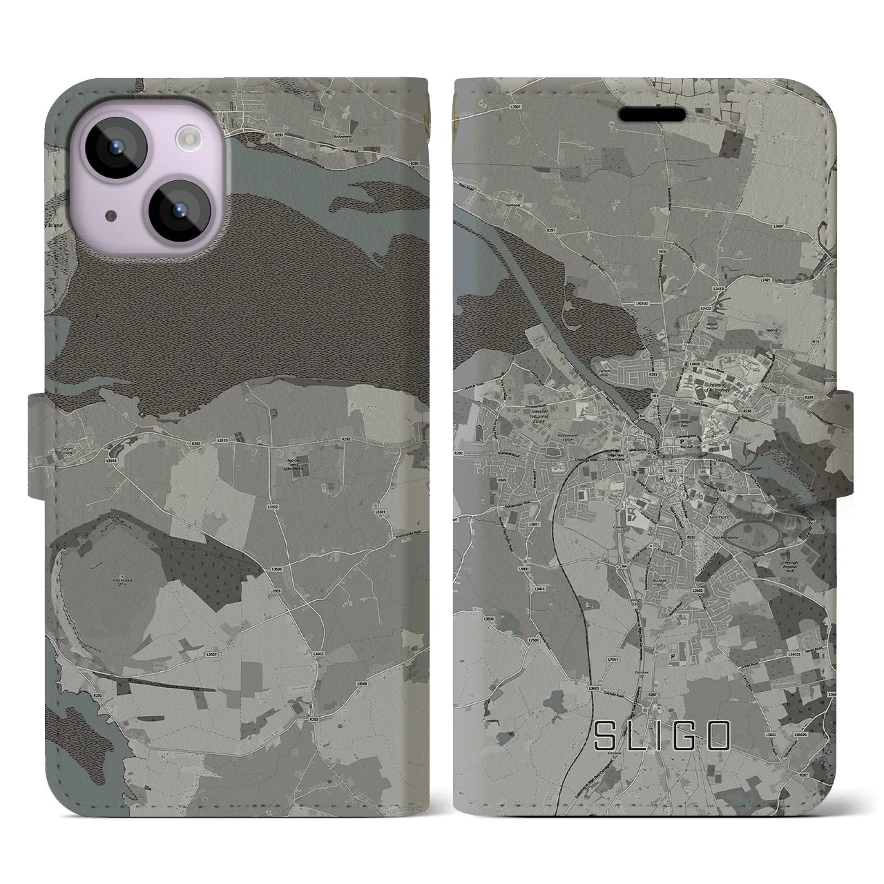 【スライゴ(アイルランド)】地図柄iPhoneケース(手帳タイプ)モノトーン・iPhone 14 用