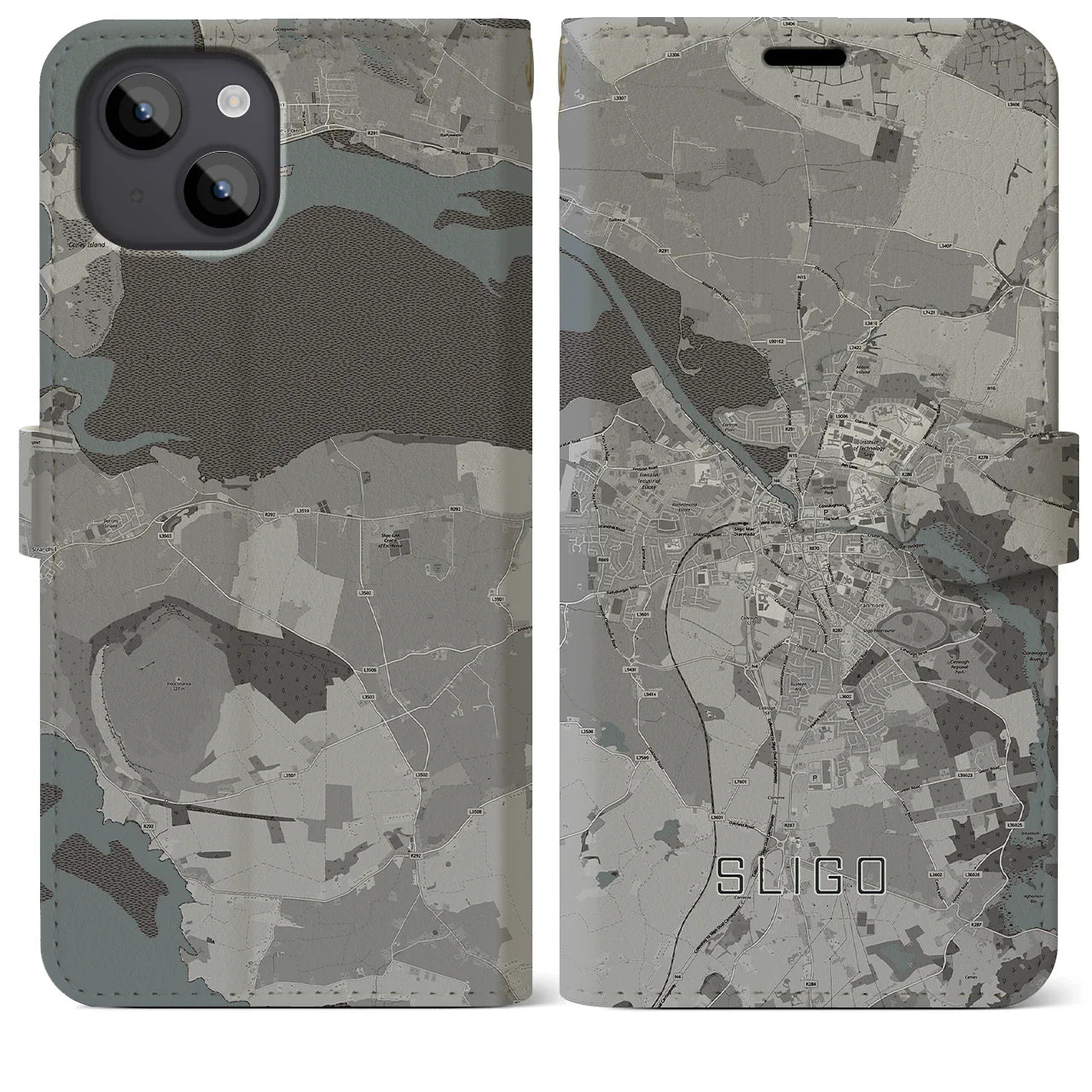 【スライゴ(アイルランド)】地図柄iPhoneケース(手帳タイプ)モノトーン・iPhone 14 Plus 用