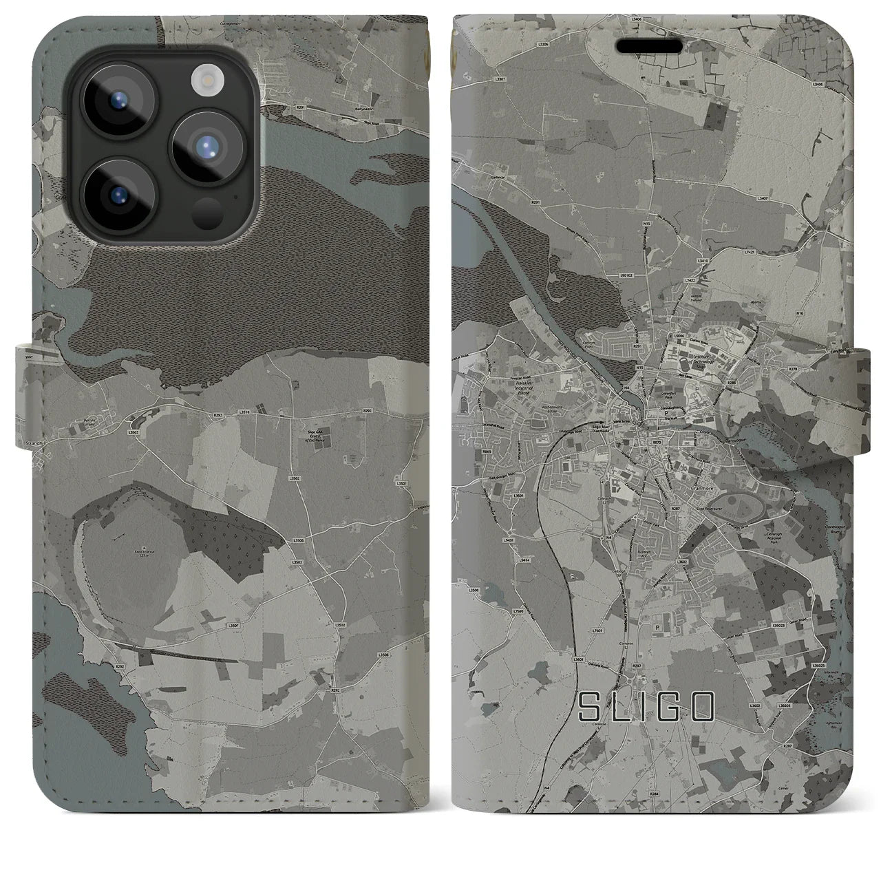 【スライゴ(アイルランド)】地図柄iPhoneケース(手帳タイプ)モノトーン・iPhone 15 Pro Max 用