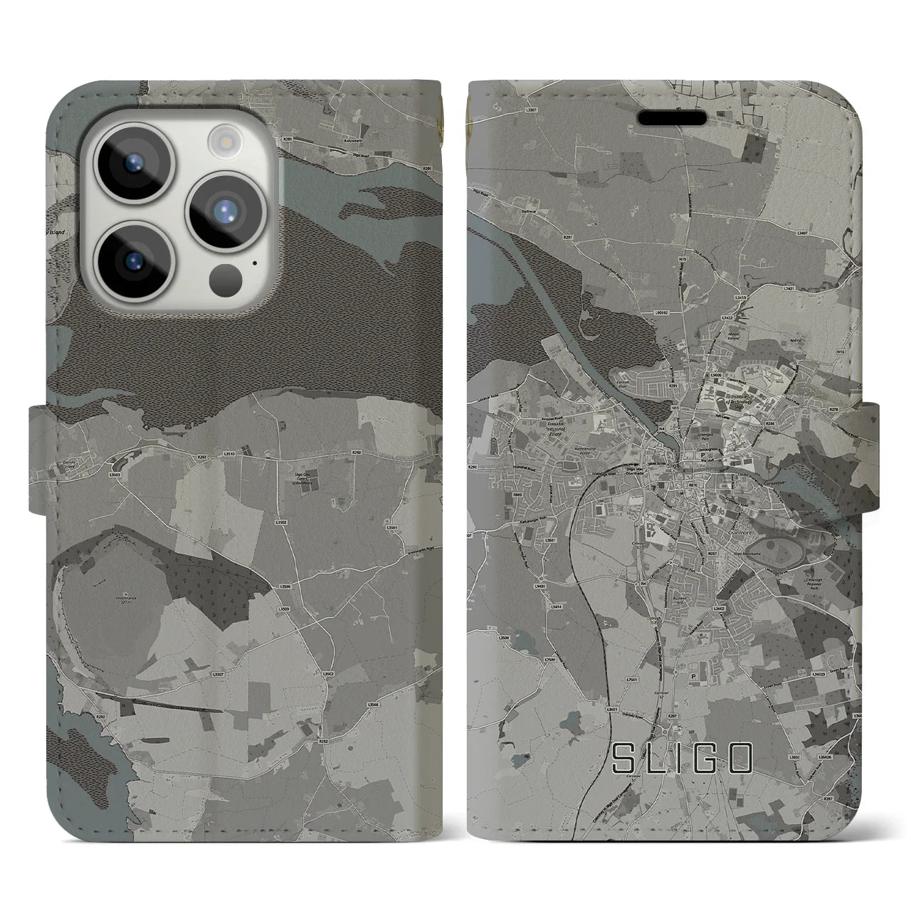 【スライゴ(アイルランド)】地図柄iPhoneケース(手帳タイプ)モノトーン・iPhone 15 Pro 用