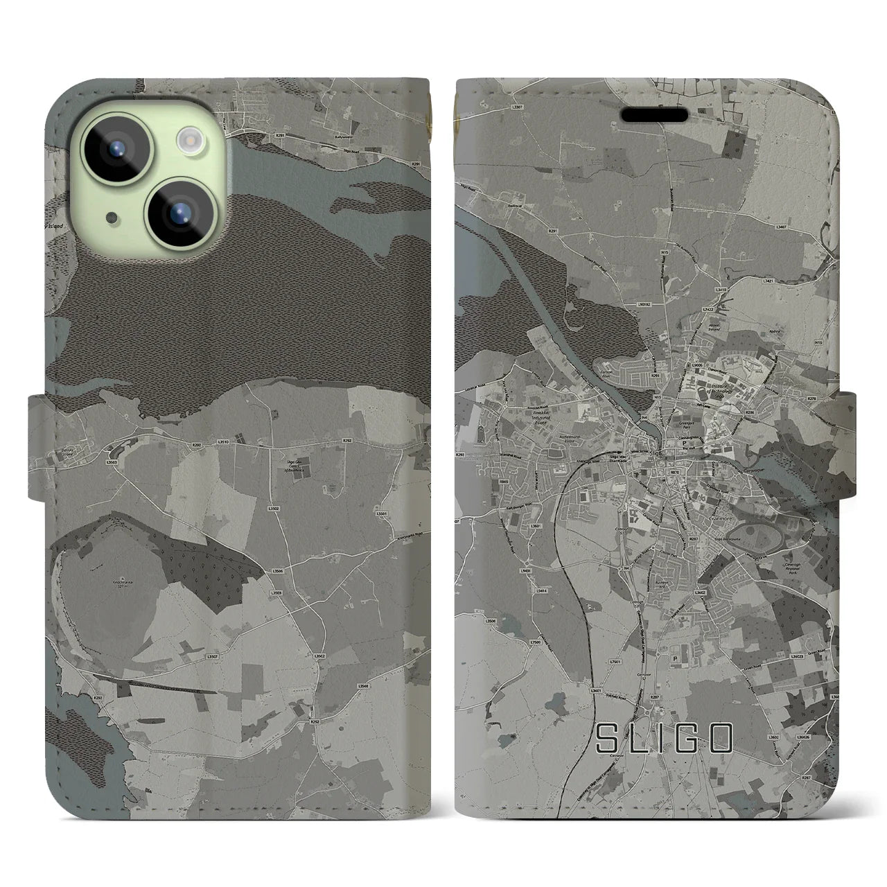 【スライゴ(アイルランド)】地図柄iPhoneケース(手帳タイプ)モノトーン・iPhone 15 用