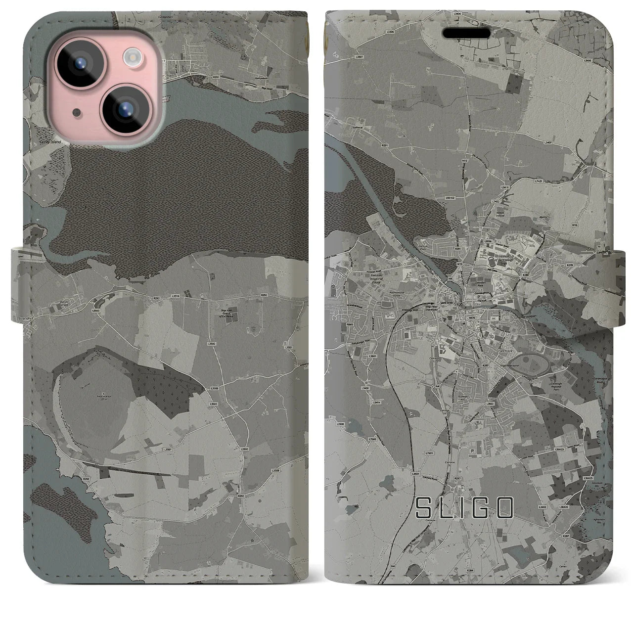 【スライゴ(アイルランド)】地図柄iPhoneケース(手帳タイプ)モノトーン・iPhone 15 Plus 用