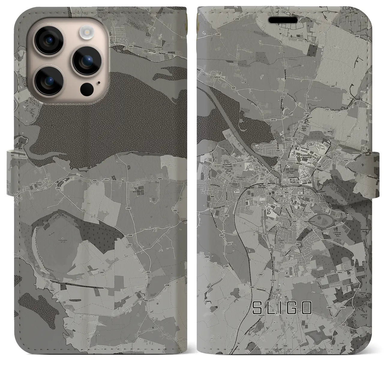 【スライゴ(アイルランド)】地図柄iPhoneケース(手帳タイプ)モノトーン・iPhone 16 Plus 用