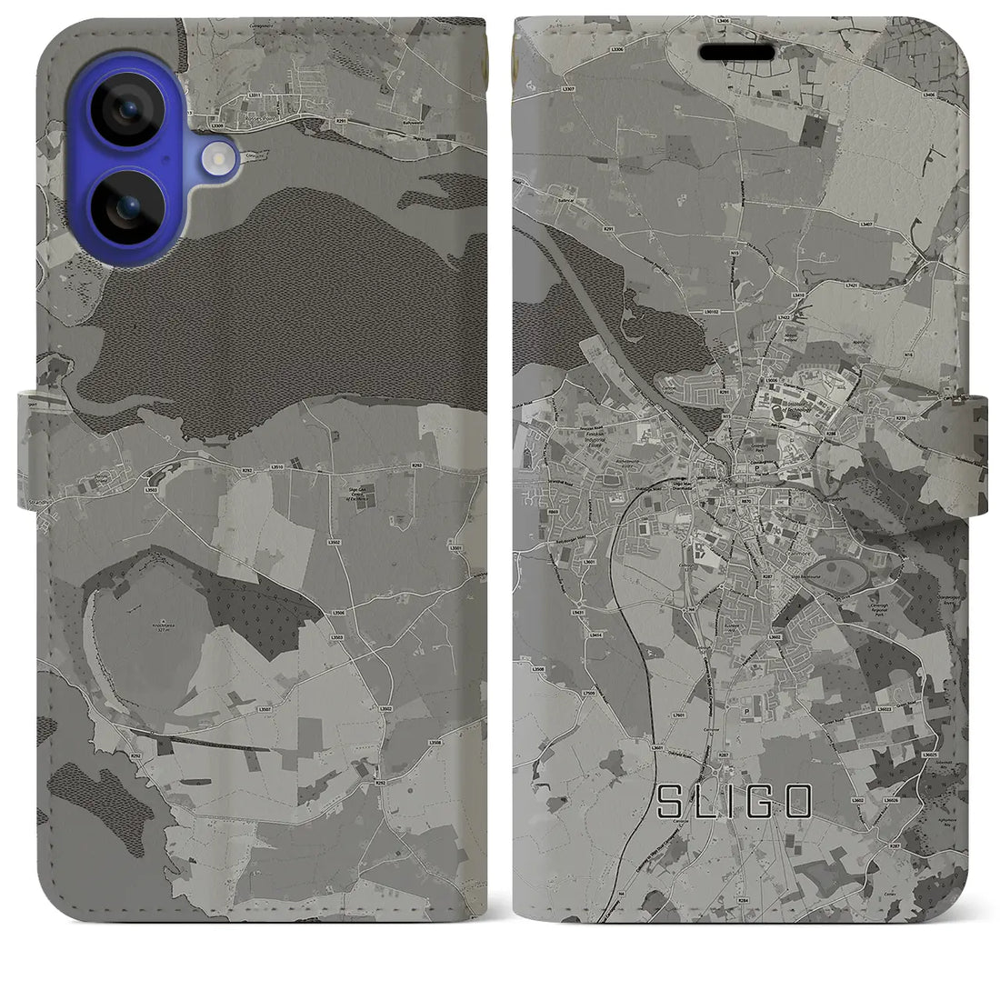 【スライゴ(アイルランド)】地図柄iPhoneケース(手帳タイプ)モノトーン・iPhone 16 Pro Max 用