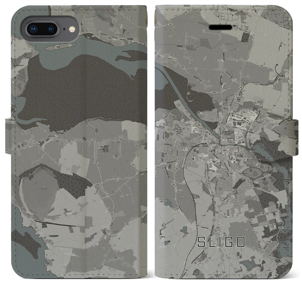 【スライゴ(アイルランド)】地図柄iPhoneケース(手帳タイプ)モノトーン・iPhone 8Plus /7Plus / 6sPlus / 6Plus 用
