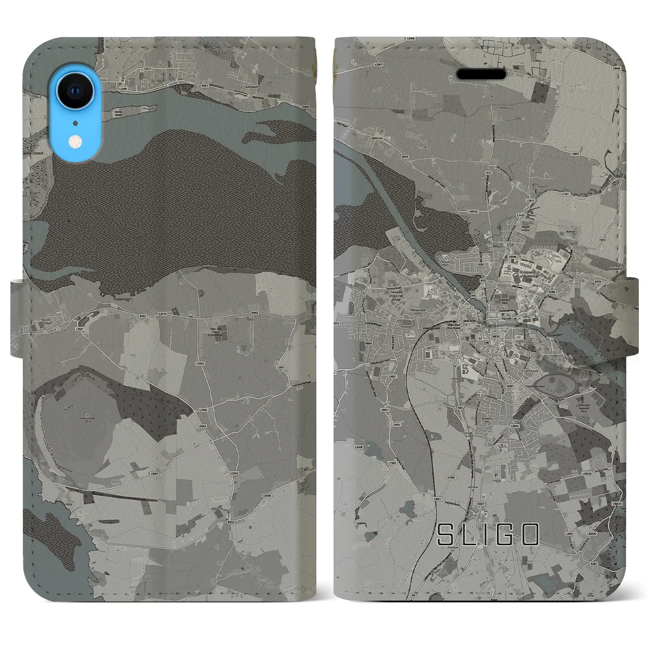 【スライゴ(アイルランド)】地図柄iPhoneケース(手帳タイプ)モノトーン・iPhone XR 用