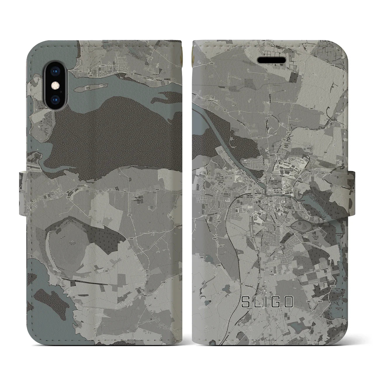 【スライゴ(アイルランド)】地図柄iPhoneケース(手帳タイプ)モノトーン・iPhone XS / X 用