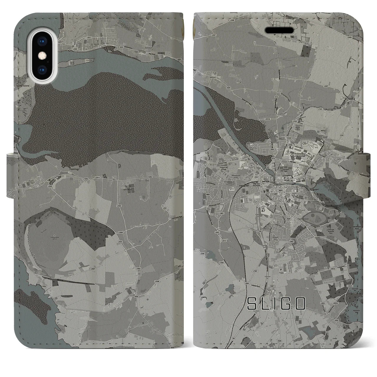 【スライゴ(アイルランド)】地図柄iPhoneケース(手帳タイプ)モノトーン・iPhone XS Max 用