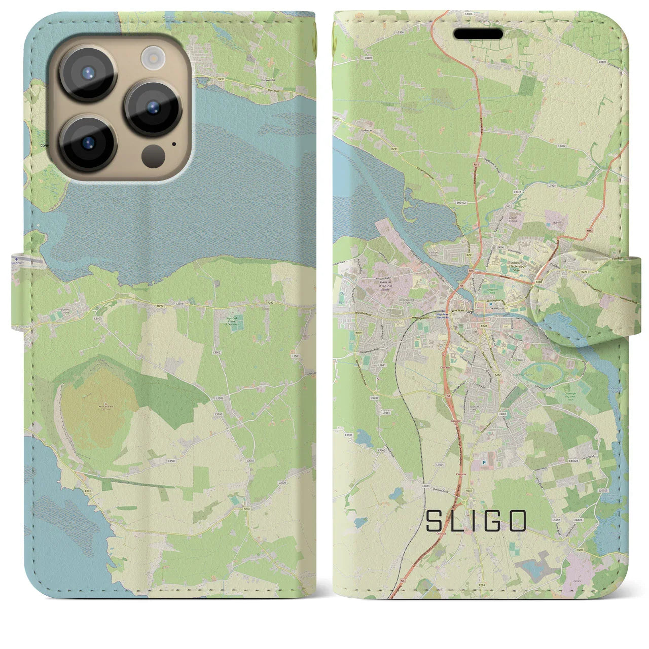 【スライゴ(アイルランド)】地図柄iPhoneケース(手帳タイプ)ナチュラル・iPhone 14 Pro Max 用