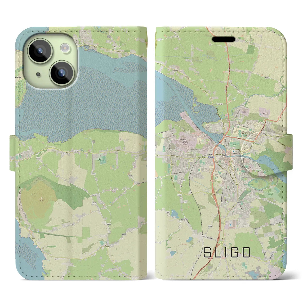 【スライゴ(アイルランド)】地図柄iPhoneケース(手帳タイプ)ナチュラル・iPhone 15 用