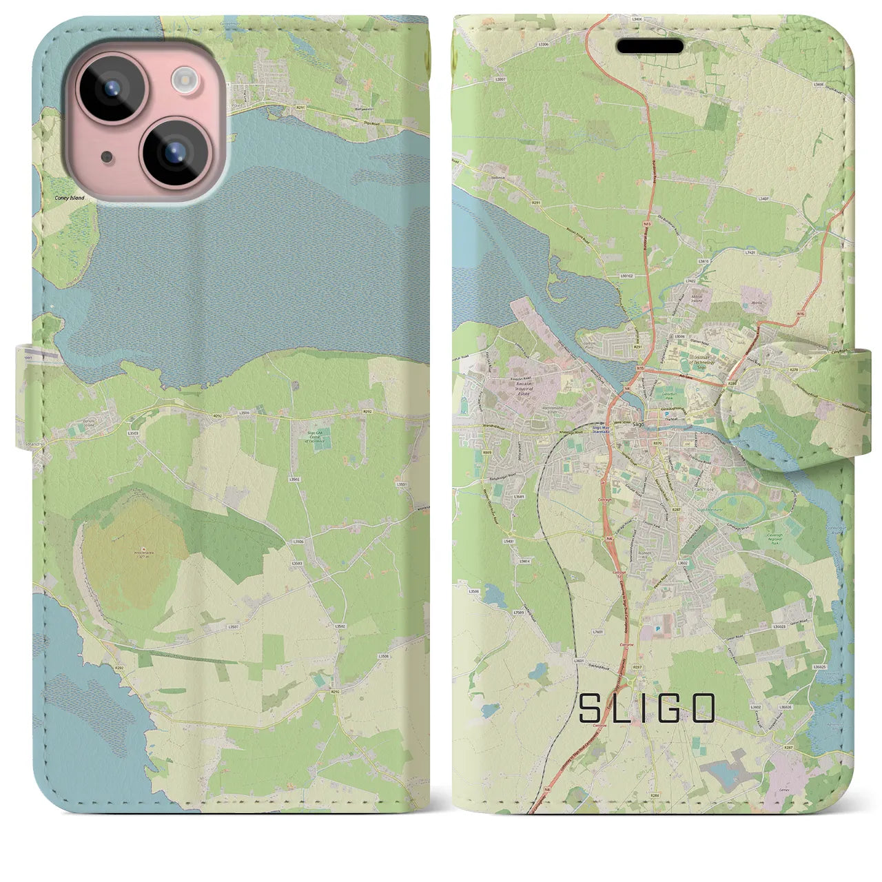 【スライゴ(アイルランド)】地図柄iPhoneケース(手帳タイプ)ナチュラル・iPhone 15 Plus 用