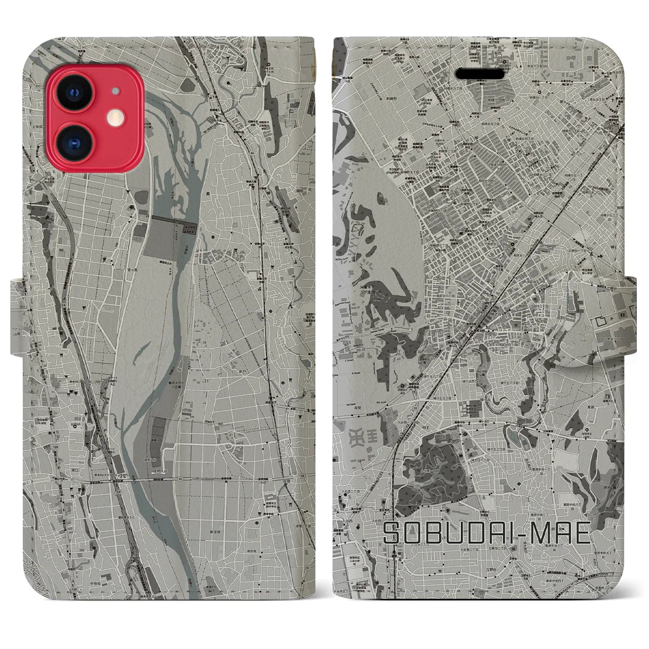 【相武台前(神奈川県)】地図柄iPhoneケース(手帳タイプ)モノトーン・iPhone 11 用