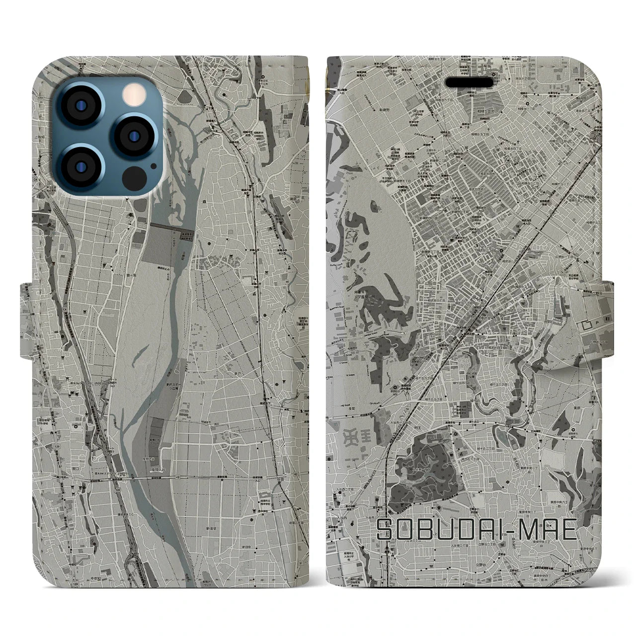 【相武台前(神奈川県)】地図柄iPhoneケース(手帳タイプ)モノトーン・iPhone 12 / 12 Pro 用