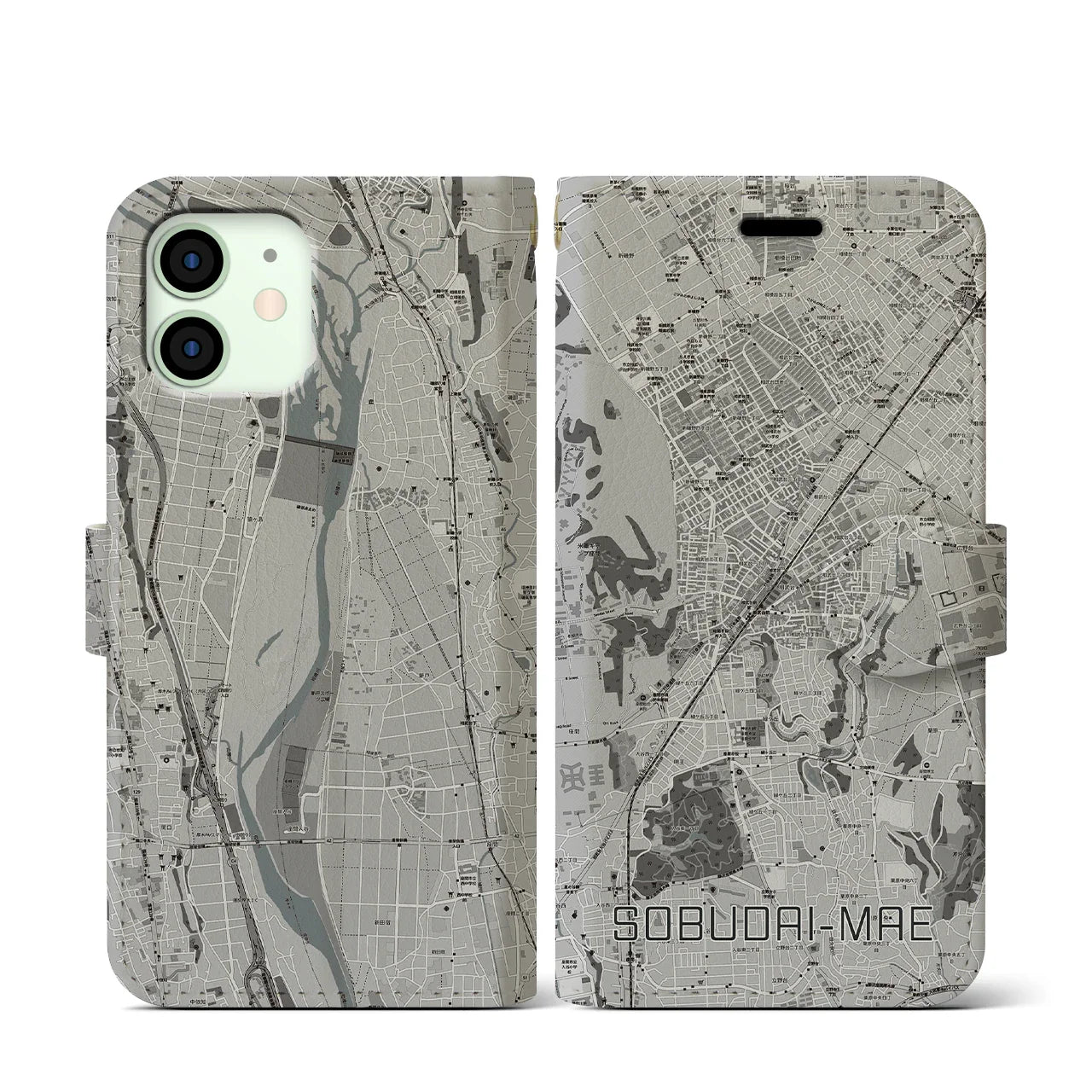 【相武台前(神奈川県)】地図柄iPhoneケース(手帳タイプ)モノトーン・iPhone 12 mini 用