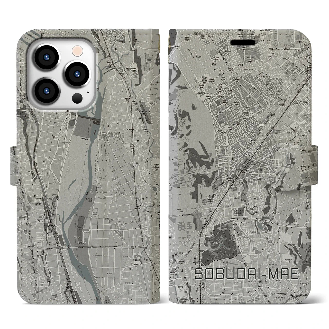 【相武台前(神奈川県)】地図柄iPhoneケース(手帳タイプ)モノトーン・iPhone 13 Pro 用