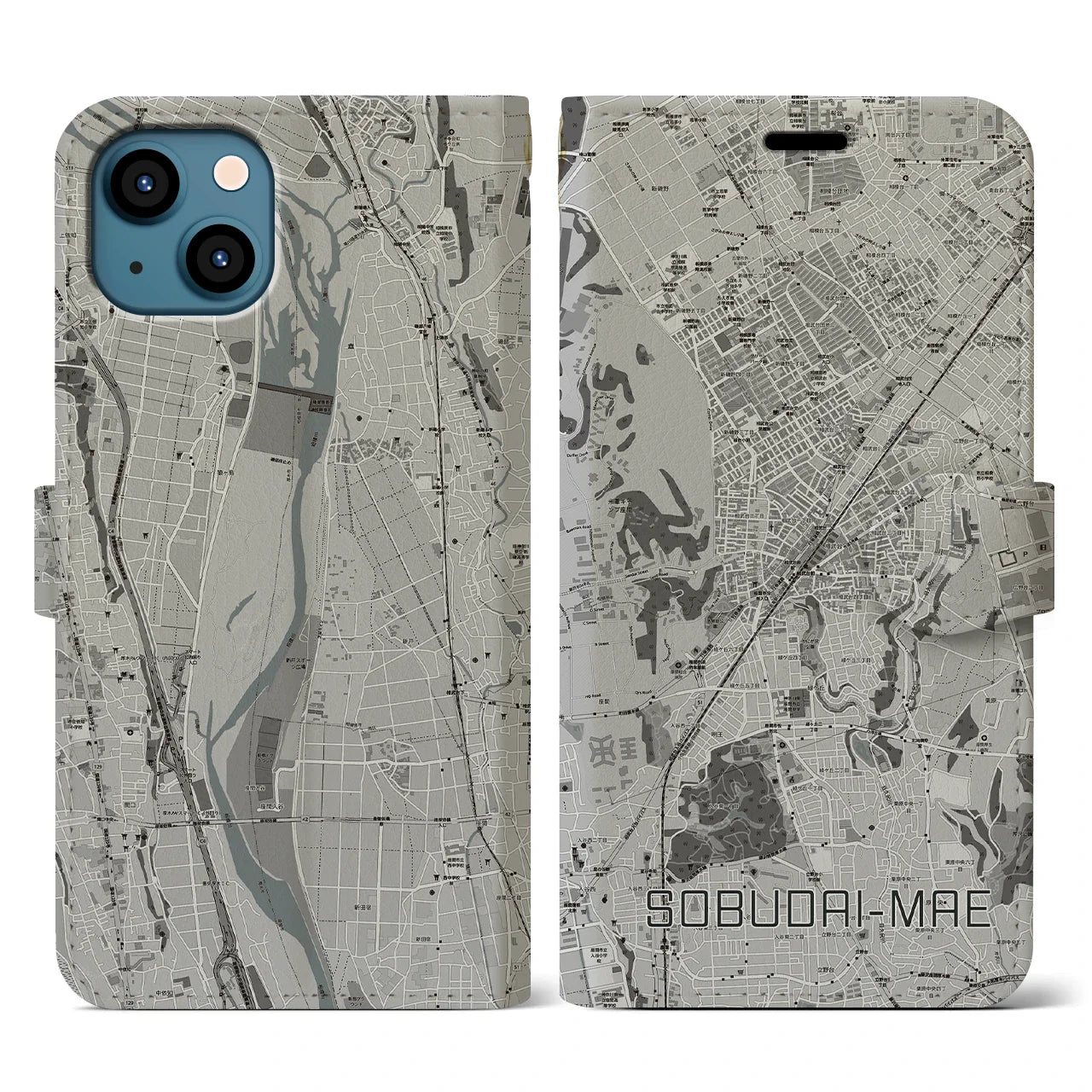 【相武台前(神奈川県)】地図柄iPhoneケース(手帳タイプ)モノトーン・iPhone 13 用